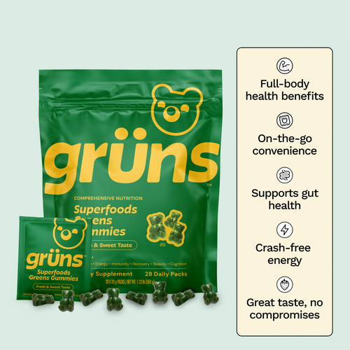 Gruns Adult Super Greens Multivitamin Gummies, Superfood Gummy Vitamins for Women and Men with Spirulina, Chlorella, Adaptogens & Prebiotic Fiber for Digestive Health (28 Count)