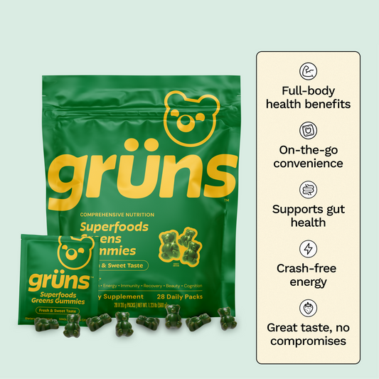 Gruns Adult Super Greens Multivitamin Gummies, Superfood Gummy Vitamins for Women and Men with Spirulina, Chlorella, Adaptogens & Prebiotic Fiber for Digestive Health (28 Count)