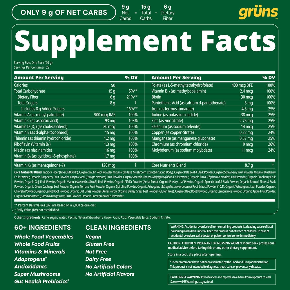 Gruns Adult Super Greens Multivitamin Gummies, Superfood Gummy Vitamins for Women and Men with Spirulina, Chlorella, Adaptogens & Prebiotic Fiber for Digestive Health (28 Count)
