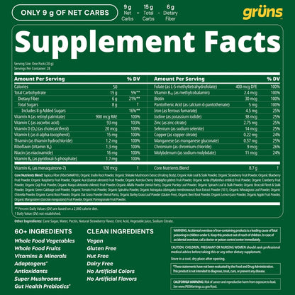 Gruns Adult Super Greens Multivitamin Gummies, Superfood Gummy Vitamins for Women and Men with Spirulina, Chlorella, Adaptogens & Prebiotic Fiber for Digestive Health (28 Count)