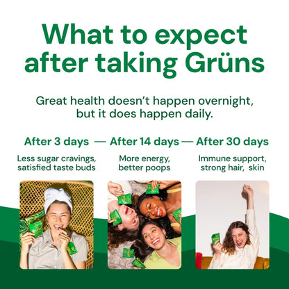 Gruns Adult Super Greens Multivitamin Gummies, Superfood Gummy Vitamins for Women and Men with Spirulina, Chlorella, Adaptogens & Prebiotic Fiber for Digestive Health (28 Count)