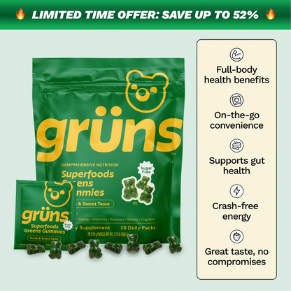 Gruns Adult Super Greens Multivitamin Gummies, Superfood Gummy Vitamins for Women and Men with Spirulina, Chlorella, Adaptogens & Prebiotic Fiber for Digestive Health (28 Count)